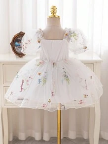 SHEIN Glamorique Kids 女童白色网眼花叶刺绣蓬松连衣裙，适合花童、复活节、生日派对、婚礼、节日、舞台表演、拍照，四季舒适 - 白色 - 查看 2