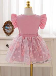 SHEIN Glamorique Kids 2 件装年轻女孩优雅盖袖上衣和刺绣网眼蝴蝶结装饰裙套装，适合派对、聚会、郊游、度假、夏季 - 粉色 - 查看 2