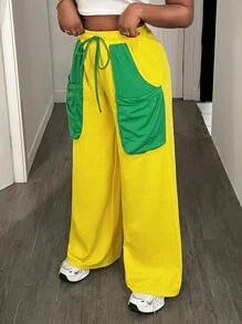 BamGleam Women's Casual Contrast Color Patchwork Front Tie Large Pocket Sweatpants Fall Cloth For Women