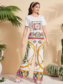 2pcs/Set Teen Girls Casual White Short Sleeve T-Shirt With Gold Retro Print + Loose Comfy Wide Leg Pants Suit - Multicolor - View 1