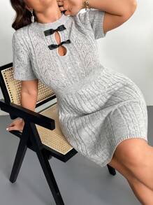 SHEIN Privé Plus Size Elegant Commute Workplace Intelligent High-End Venue Afternoon Tea Slightly Sexy Date Concert Party Round Neck Chest Bow Decor Cable Knitted Short Sleeve A-Line Academy Style Dress - Grey - View 3
