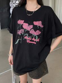DAZY Women Floral Contrast Color Print Round Neck Short Sleeve T-Shirt Summer Cute Tops Oversized T-Shirt,Graphic Tees - Black - View 7
