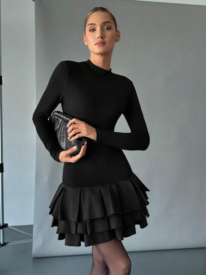 SHEIN Essnce 女士休闲优雅纯色荷叶边下摆修身迷你连衣裙泡泡女黑灯笼连衣裙下摆连衣裙/花蕾下摆/荷叶边/生日装/泡泡圣诞派对连衣裙新年前夜连衣裙节日连衣裙