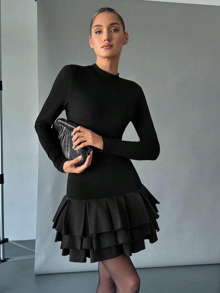 SHEIN Essnce Ladies Casual Elegant Solid Color Ruffled Hem Slim Fit Mini Dress Bubble Girl Black Lantern Dress Hem Dress /Flower Bud Hem/Ruffle/Birthday Outfit/Bubble Christmas Party Dress New Year Eve Dress Holiday Dress