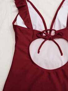 Swim Chiccia 1pc Solid Color Ruffled One-Piece Swimsuit, Summer Beach Vacation One-Piece Bathing Suit - Burgundy - View 4