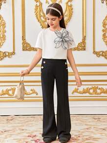 SHEIN Leap Crew تي شيرت كم قصير بياقة دائرية، أنيق للمراهقات، رمضان - وردي - مشاهدة 5