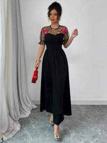 Rafferiza Sexy Embroidered Floral Mesh Patchwork Solid Color Slim Fit Dress, European And American Style - Black - View 7