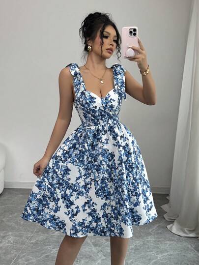 Elenzga Dam Elegant Daily Refresh Blue Floral Bustier A-Line Cami Dress