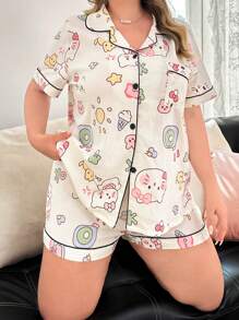 SHEIN 大码趣味卡通云朵印花柔软睡衣套装 - 米色 - 查看 5