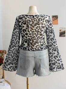 Soleia Plus Size Women Babydoll Top, Leopard & Floral Print Square Neck Tie-Up Long Sleeve Shirt, For Vacation, Graduation, Back To School Wear, Fall