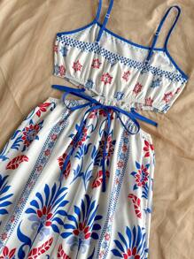 Soleia Mid-Length V-Neck Backless Tie-Front Print Vacation Dress - Multicolor - View 5