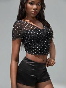 SHEIN Unity Fashionable Sexy Polka Dot Print Twisted Cropped T-Shirt. Summer For Women - Black - View 5