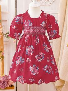 SHEIN 女婴新品可爱碎花 3/4 袖宽松腰连衣裙，酒红色，日常穿着母女套装（3 件单独出售） - 酒紅色 - 查看 4