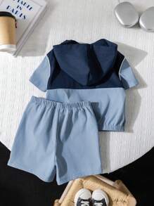 2 件套男婴字母印花撞色连帽夹克和短裤套装，适合春夏季室内外穿着 - 藍色 - 查看 6