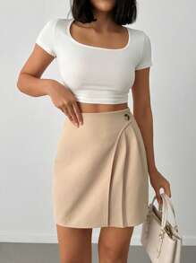 SHEIN PETITE Women's Button Detailed Pleated Skirt - Apricot - View 1