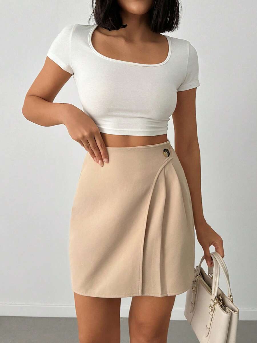 SHEIN PETITE Women's Button Detailed Pleated Skirt - Apricot - View 1