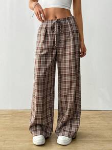 SHEIN EZwear Women's Casual Loose Plaid Drawstring Waist Long Pants - Multicolor - View 3