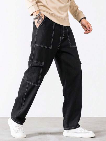 QuarKem Rivet Rise Men Cotton Cargo Jeans,Contrast Stitching Long Straight Leg Black Washed Denim,Streetwear,Winter,Black And White,City Break,Urban Grunge