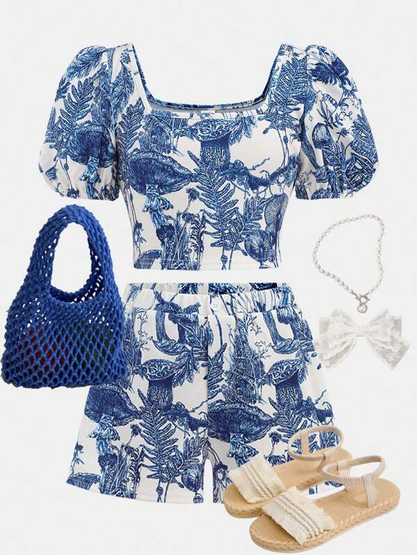 Girlism Tween Girl Blauw & Wit Gebloemde Gebreide Crop Top & Shorts Set Met Getailleerde Bubbelmouwen Voor Meisjes, Vakantie/Casual Outfit