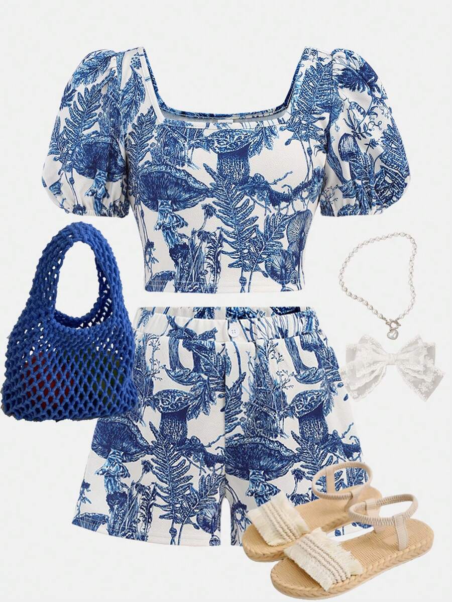 Girlism Tween Girl Blue & White Floral Knitted Crop Top & Shorts Set With Fitted Bubble Sleeves For Girl, Holiday/Casual Outfit - Blue and White - View 1