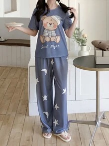SHEIN Teen Girls Cute Bear & Moon Graphic Round Neck Short Sleeve Pajama Top And Pants 2 Pieces Lounge Set - Blue and White - View 1