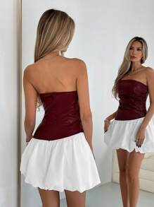 SHEIN Essnce Valentine Dress Women's Contrast Color PU Leather Ruffle Hem Bandeau Mini Dress