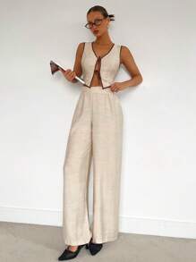 Siren Gaze 2 件女式撞色绑带纽扣前无袖上衣和长裤套装，极简主义，春夏季，休闲无袖罗纹短背心和直筒裤 2 件套，适合日常穿着，优雅通勤，拼色饰边，前翻领系带无袖上衣和长裤两件套，亚麻质地面料，优雅时尚，适合通勤，办公室警笛风格服装