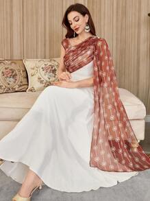 Modelyn Women Asymmetrical Collar Retro Print High-Low Hem Elegant A-Line Dress - White - View 6