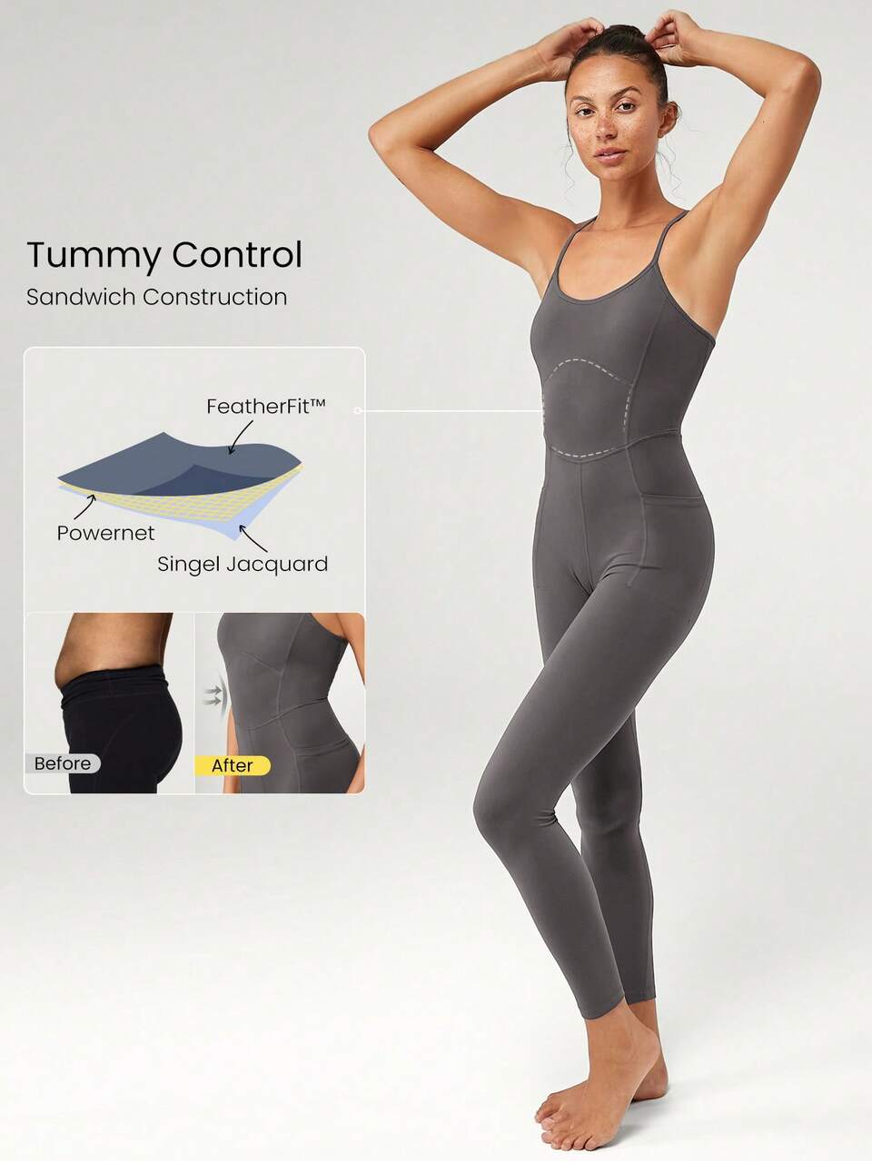 26" FeatherFit™ U-Back Tummy Control Pocket Adjustable Jumpsuit Bodysuit Light Support Low Impact Yoga Pilates Studio Summer Spring