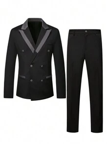 Manfinity Mode Men's Double-Breasted Suit Set: Jacket And Pants - Black - View 3