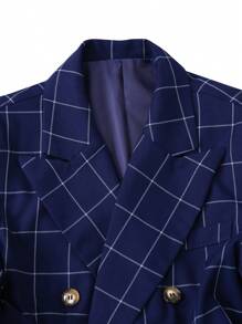 Manfinity Mode Men's Business Plaid Double-Breasted Suit Set (Jacket + Pants), Nice Suit For Men, Suits For Men, Men Suit - Navy Blue - View 4