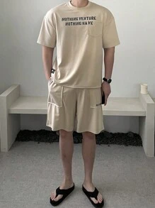 DAZY 休闲男士字母印花米色 T 恤套装，夏季 - 米色 - 查看 3
