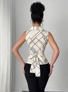 Elenzga 优雅几何印花立领褶皱无袖衬衫 - 杏色 - 查看 2