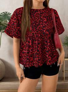 Muchica Red-Black Leopard Print Woven Blouse For Women - Red - View 1