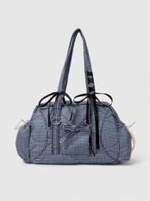 ROMWE Kawaii 1 件 Y2K 黑白格子大容量多口袋手提包单肩包，适合日常通勤、购物和返校季节（包括蝴蝶结、DIY） - 黑與白 - 查看 1