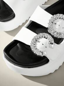 Solecia Women's Thick Bottom Rhinestone Buckle Design Wedge Slide Sandals Spring Break Easter For Casual Beach Style - White - View 6