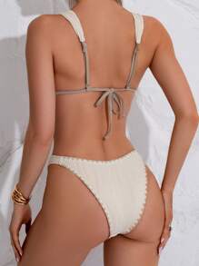 SHEIN Swim Strandoutfit für Frauen: Bikini-Set aus strukturiertem Wellenprint Stoff, sexy Bademode mit Seestern Deko für Strand/Insel-Resort, vielseitig einsetzbar für Schwimmbadpartys, Sommer - Khaki - Übersicht 3