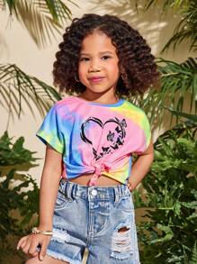 SHEIN Young Girl Knitted Crew Neck Heart Pattern Casual T-Shirt - Multicolor - View 5