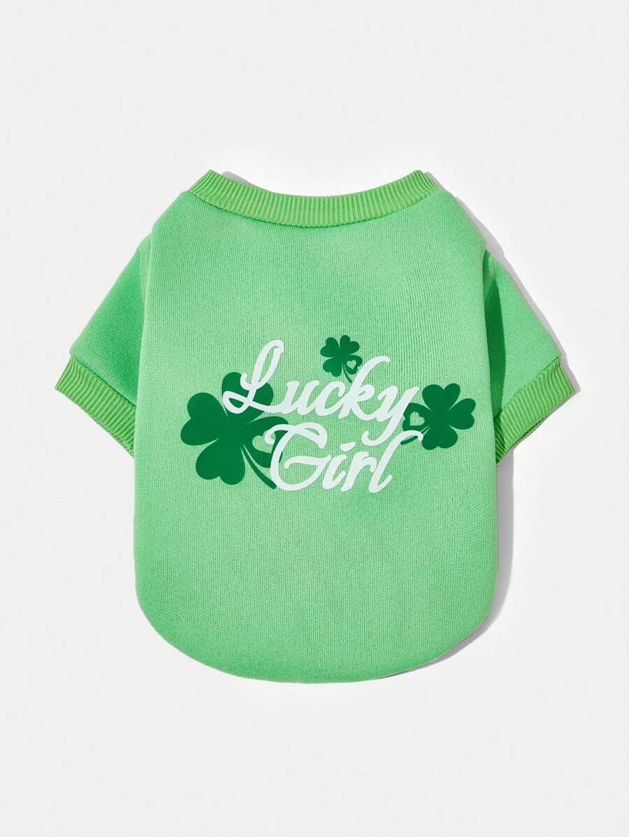 PETSIN 1 Pc Pet Dog/Cat Universal Green "Lucky Girl" Print Casual Round Neck Sweatshirt - Multicolor - View 1