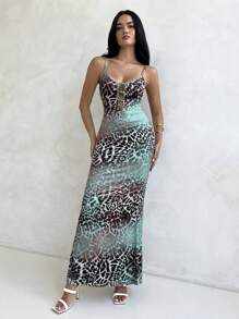 Aloruh 女士春夏季假期珍珠镂空针织豹纹渐变色紧身超长开衩吊带裙