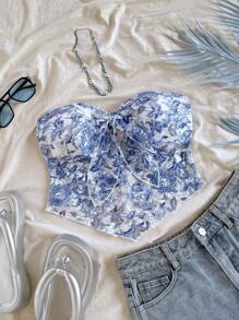 Soleia Blue & White Paisley Lace Camisole Top - Blue and White - View 1