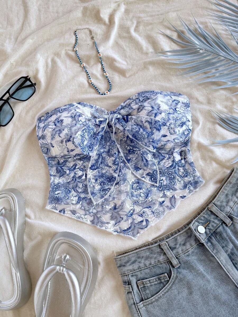Soleia Blue & White Paisley Lace Camisole Top - Blue and White - View 1
