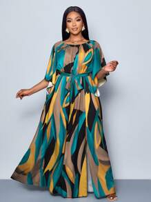 SOLERSUN New Spring And Summer Plus Size Resort Women's Casual Daily Wear Ruffle Sleeve Elastic Round Neck Waist Belt Slit Tropical Print Long Dress, Beach Outfits