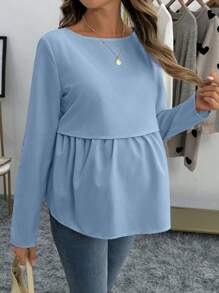 SHEIN 纯色圆领长袖简约哺乳上衣，休闲日常穿着 - 淺藍色 - 查看 4