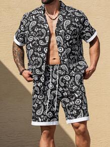 Manfinity RSRT Męski zestaw koszuli z krótkim rękawem i spodenkami w dużym rozmiarze Paisley Floral - Czarne - Zobacz 4