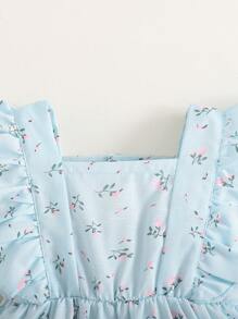 SHEIN 1 件装男婴盖袖方领碎花荷叶边裙，度假和日常穿着甜美公主风格高腰休闲连衣裙搭配凉鞋，夏季新品 - 藍色 - 查看 6