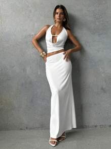 Aloruh Women's Sexy Halterneck Backless Top And Fitted Skirt 2 Pieces Set Valentine's Day Two Pieces Set Women Vacation Outfits Elegant Beach Outfits White Top Long Dress Sexy Party Beach Dress Bodycon Dress Boho White Outfits For Women Prom Dresses Rave Outfits Festival Concert Backless Old Money Style Wedding Guest Dress Summer Dress Vacation Rave Summer Sets - White - View 7