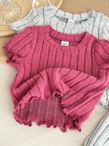 SHEIN LMoss Kids Baby Girls 4pcs Casual Crew Neck Ruffle Trim Ribbed Knit Top And Pants Pajamas Set - Multicolor - View 3