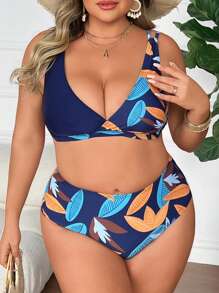 SHEIN CURVE+ Plus Size Women Summer Tropical Leaf Print Patchwork Bikini Set - Black - View 4