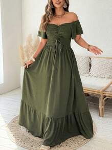 SHEIN Clasi Plus Size Women Elegant Off Shoulder Ruffled Cinched Waist A-Line Long Dress, Spring/Summer - Army Green - View 4